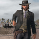 A man wearing a black hat holsters his revolver in an old desert town.